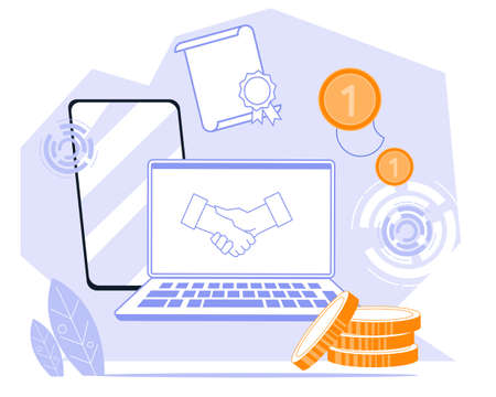 Online contract or deal conclusion concept with handshake symbol on laptop screen. Contract, transaction and business negotiations online, flat vector illustration isolated on white background.のイラスト素材