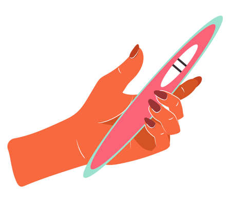 Female hand with pregnancy test with positive result, flat vector illustration isolated on white background. Motherhood and fertility concept.のイラスト素材