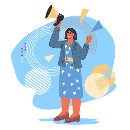 Business woman with megaphone for SMM marketing management and mailing. Digital marketing, SMM, promotion of company and content on the Internet and social networks, flat vector on white background.のイラスト素材
