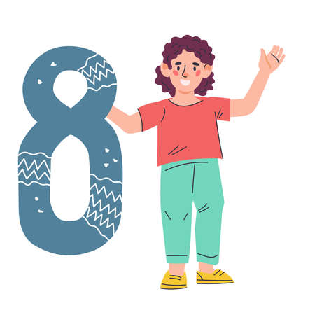 Child learning numbers, counting and mathematics. boy with number 8 in hands. Kids education and math classes, cartoon flat illustration isolated on background.のイラスト素材