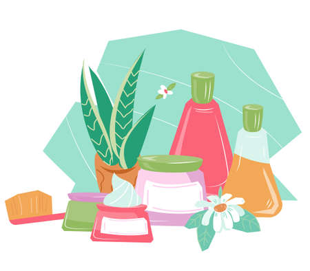 Natural organic cosmetics and skincare products, flat vector illustration isolated on white background. Beauty care and cosmetics, home SPA banner.のイラスト素材