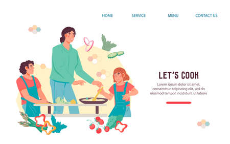 Web page banner with happy family cooking in the kitchen, mother teaching children how to cook, flat vector illustration for website or landing page.のイラスト素材