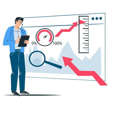 Business analytics, KPI key performance indicator metrics of company efficiency concept. Businessman studying company data and indicators, flat vector illustration isolated on white background.のイラスト素材