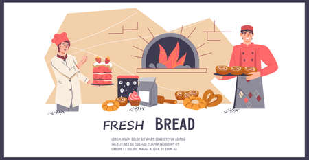 Bakery banner or flyer, site header template with cartoon bakers, flat vector illustration. Bakehouse or bakery shop advertising banner or leaflet design.のイラスト素材