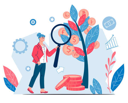 Growing money tree as investment and business management concept, flat vector isolated on white. Growing income and profit increase business idea.のイラスト素材