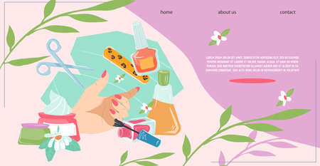 Manicure nail art studio or salon website banner template, flat vector illustration. Beauty salon and manicure master, manicurist professional banner for web.のイラスト素材
