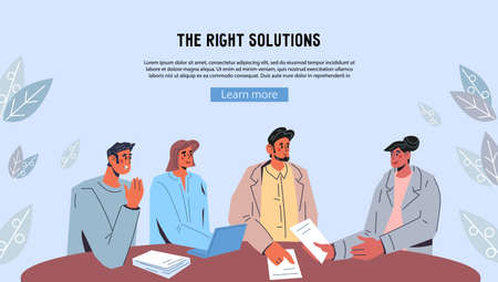 Website banner with business negotiation or brainstorming team of company conferring at the table. Business meetings and negotiations concept for webpage flat vector illustration.のイラスト素材