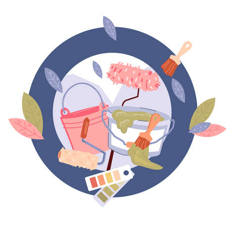 Home renovation and interior decoration, design and works emblem or logo element flat vector illustration isolated on white background.のイラスト素材