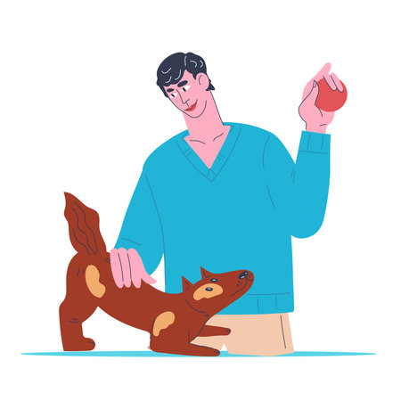 Owner playing with his dog or puppy, flat vector isolated on white. Pet care and love concept. Man loves and cares of his pet.のイラスト素材