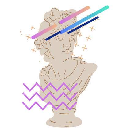 Ancient Apollo statue bust and geometric gradient elements flat vector illustration isolated on white background.のイラスト素材