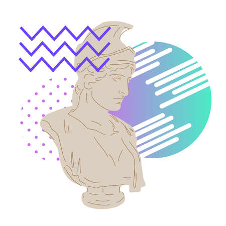 Ancient statue bust and geometric abstract gradient elements flat vector illustration isolated on white background.のイラスト素材