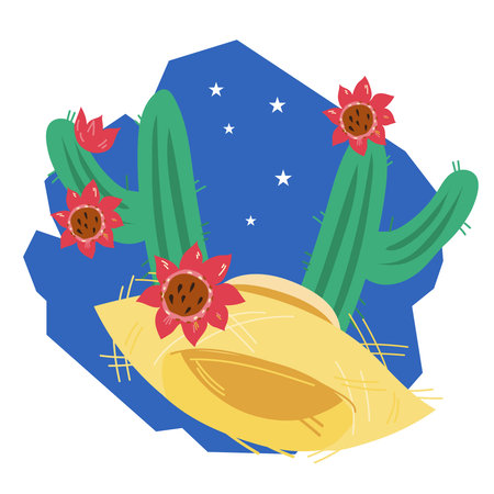 Festa Junina emblem or label with straw hat and cactus. Festa junina greeting card or party poster decorative colorful element, flat vector illustration isolated on white background.のイラスト素材