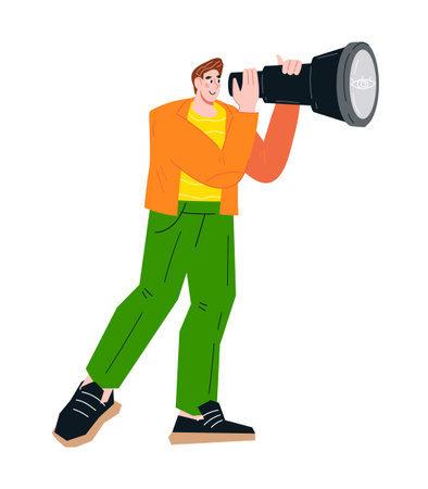 man looking through spyglass. Job or new employee search, career opportunity or business vision, flat vector illustration isolated on white background.のイラスト素材