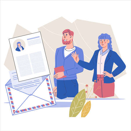 Apply for a job and send your CV concept. People job candidates sending a CV into an email letter online, job application, flat vector illustration isolated on white.のイラスト素材