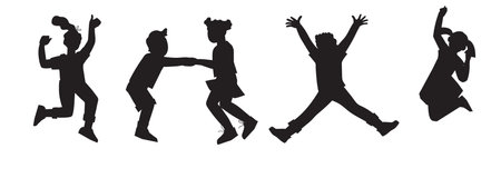 Black silhouettes set of jumping up children boys and girls, vector illustration isolated on white background. Happy cheerful kids jumping for joy. Black outline shapes bundle for design.のイラスト素材