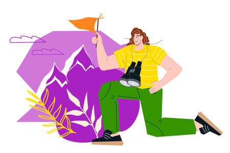 Business opportunity and way forward to achievement and success concept with woman putting flag on...