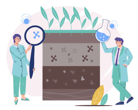 Agronomic studies of soil, analysis and control of pollution of land. Laboratory analysis of the soil for agronomy and farming, flat vector illustration isolated on white background.のイラスト素材