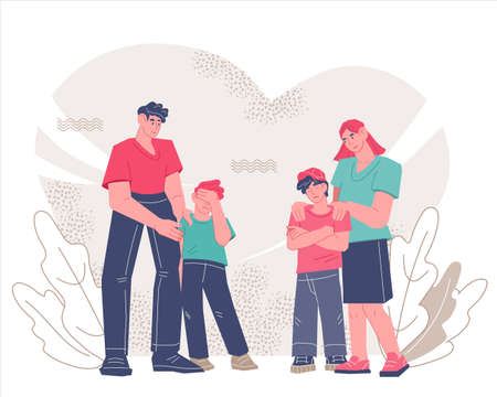 Adults support and comfort children, flat vector illustration isolated on white. Parents or teachers giving support for teens in a difficult situation.のイラスト素材