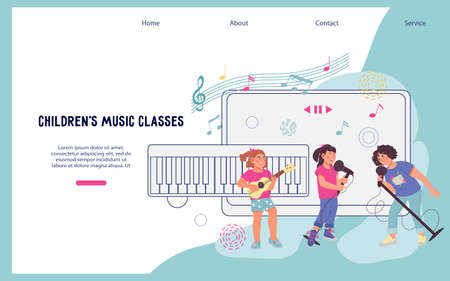 Music classes website banner template, cartoon flat vector illustration. Happy friendly kids playing musical instrument. Children music education concept for webpage.のイラスト素材
