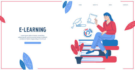 E-education and online education website or web page banner, flat vector illustration. Web banner for online courses and tutorials internet platform.のイラスト素材