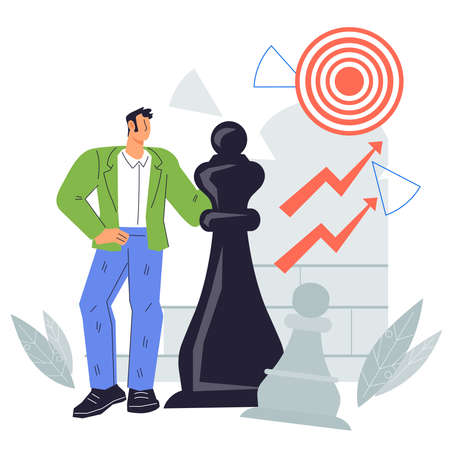Businessman developing strategy, flat cartoon vector illustration isolated on white background. Business strategy, success, efficient management, business planning and leadership.のイラスト素材