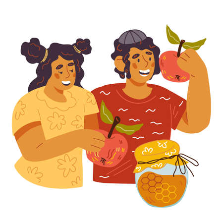 Jewish Israeli kids cartoon characters for Rosh Hashanah Jewish New Year holiday with apples as traditional festive symbols, flat vector illustration isolated onwhite background.のイラスト素材