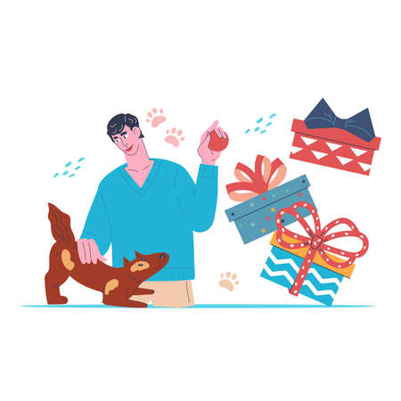Owner receives gifts for his dog or puppy, flat vector isolated on white. Pet birthday party or gifts from veterinary shop concept.のイラスト素材