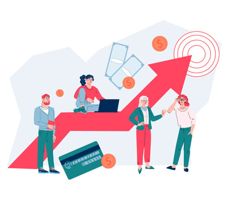 Business growth and income increase strategy banner design with tiny people characters, flat cartoon vector illustration isolated on white background. Business target and raise motivation.のイラスト素材