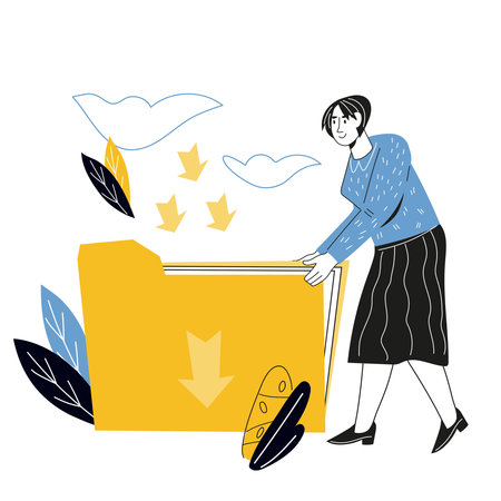 File transfer or data backup and document storage computer technology concept with woman putting files in folder flat vector illustration template isolated on white background.のイラスト素材
