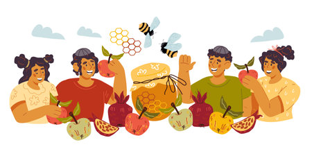 Happy children celebrate Rosh Hashanah Jewish holiday, backdrop design for card or greeting poster, web and print, flat flat vector illustration isolated on white background.のイラスト素材