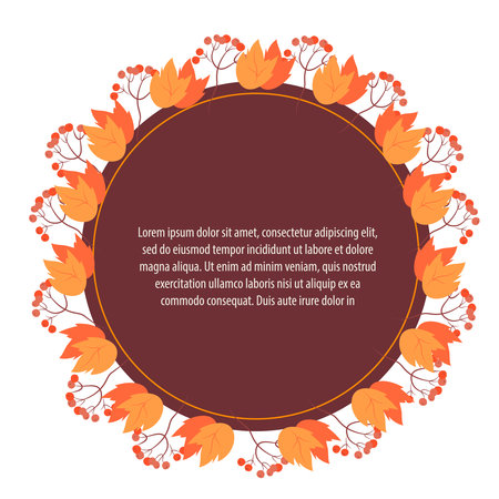 Circle blank frame with autumn leaves and berries for seasonal autumn design, flat vector illustration on white background.のイラスト素材