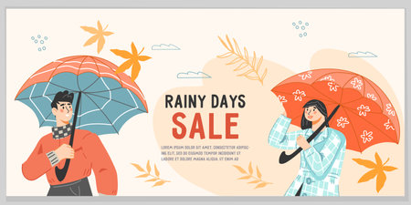 Autumn sale banner design with people under umbrella, flat vector illustration. Background for autumn season promotion flyer or leaflet, website.のイラスト素材