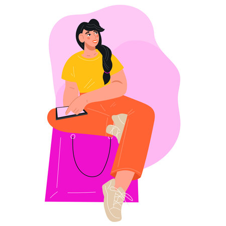 Woman shopping online and looking for products in mobile app, flat vector illustration on white background. Woman sits on shopping bag with smartphone in hands and places an order in online store.のイラスト素材
