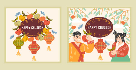 Autumn Chuseok korean thanksgiving day backgrounds set for seasonal events. Chuseok cards or banners for social media and web with cute children and decorative element, flat vector illustration.のイラスト素材
