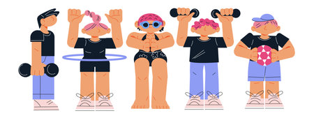 Athletic active children playing sports and doing various sport exercises, flat cartoon vector illustration isolated on white background. children doing sports.のイラスト素材