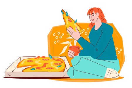 Woman eating pizza at home from takeaway fast food box, flat vector illustration isolated on white background. Pizza delivery and take out restaurant services.のイラスト素材