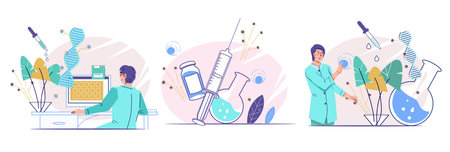 Scientists research DNA and bio processes in laboratory, flat vector illustration isolated on white background. Bioengineering and Genetic DNA science, pharmaceutical experiments set.のイラスト素材