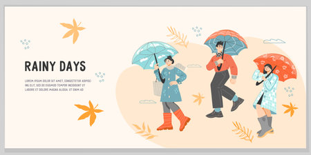 Autumn sale concept for website or printed promotional material for store events, flat vector illustration isolated. Web banner with people in the rain with umbrellas in autumn.のイラスト素材