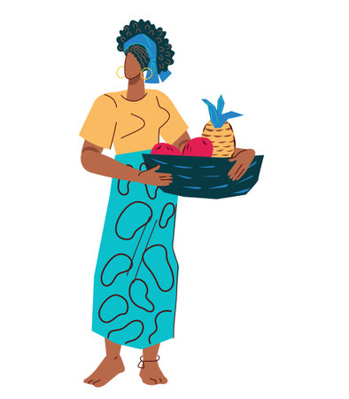 African farmer village woman with harvest of fruits, flat cartoon vector illustration isolated on white background. African peasant female character with fruits in basket.のイラスト素材