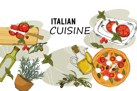 Italian food banner template. Food and drink Italian restaurant or pizzeria menu design, hand drawn vector illustration on white background.のイラスト素材