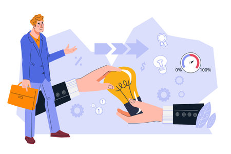 Business solution and advice to increase company profitability, profits from investment in stocks, flat vector illustration isolated on white background. Businessman looking for solutions and ideas.のイラスト素材