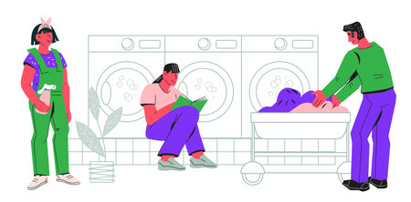 Clients of self-service laundromat room, flat cartoon vector illustration isolated on white background. Public commercial laundry visitors. Self-service laundry banner backdrop.のイラスト素材