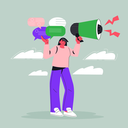 Marketing campaign and PR public relations concept. Business announcements through mass media, SMM management and marketing strategy, flat cartoon vector illustration isolated.のイラスト素材