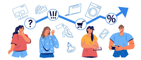 Consumer behavior research banner concept with buyers making purchase decision and having different purchasing preferences, flat vector illustration isolated on a white background.のイラスト素材