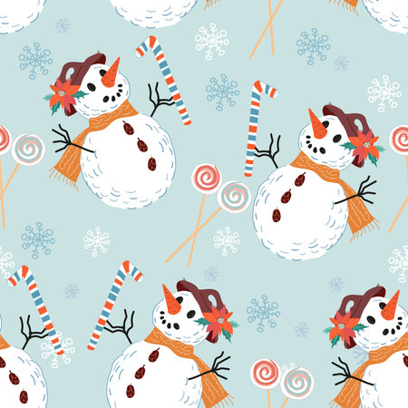 Christmas seamless decorative pattern texture with snowman and holiday candies, flat vector illustration. Winter pattern for wrapping, fabric and Christmas and New Year greetings and invitations.のイラスト素材