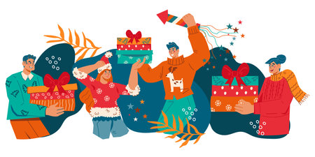 New Year and Christmas party or bash. Happy people celebrating Christmas party and dancing, flat vector illustration on background. Christmas and New Year invitation or banner backdrop.のイラスト素材