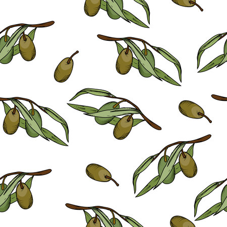Olives seamless repeatable pattern, hand drawn vector illustration. Engraving or sketch style decorative pattern or wrapping design with olive fruits.のイラスト素材