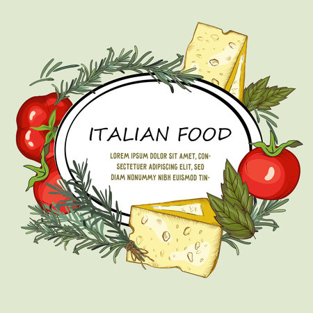 Italian food banner or badge for packaging template, hand drawn vector illustration isolated on white background. Cuisine of Italy. Cheese, aromatic herbs and tomato with blank oval frame.のイラスト素材