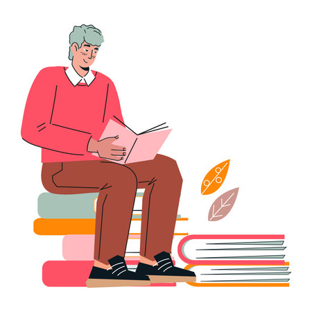 Man reading a book, hand drawn vector illustration isolated on white background. Bookstore or library, books fair design element.のイラスト素材