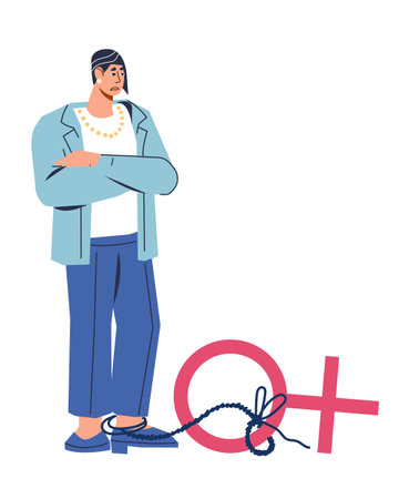 Gender inequality in career and profession flat vector illustration isolated on white background. Business woman is experiencing restrictions in building a career because of her gender.のイラスト素材